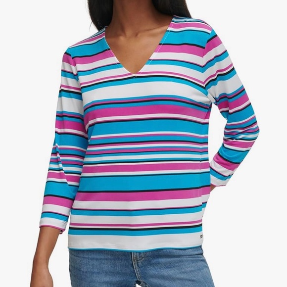 Calvin Klein Striped V-Neck Long Sleeve Top XL Blue, Pink, White - Picture 3 of 10